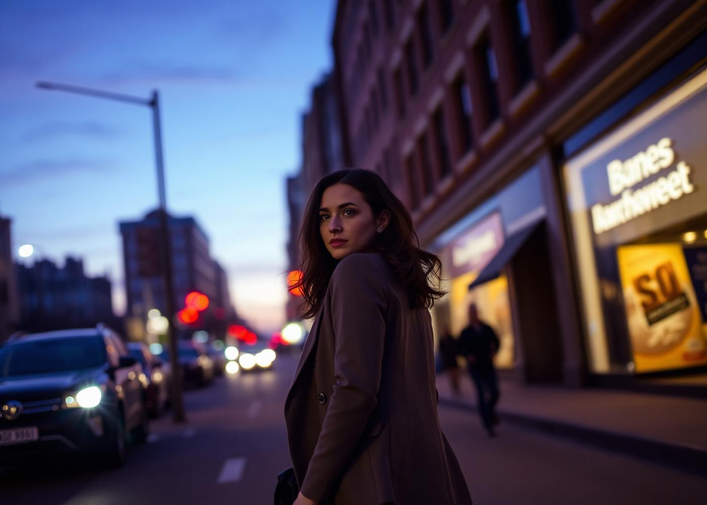 Woman walking confidently at dusk